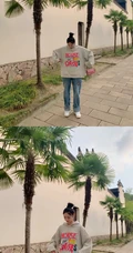 周洁琼休闲装扮街拍写真，宽大卫衣搭破洞牛仔裤时尚靓丽