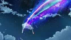 天空飞过的流星留下的七色轨迹唯美壁纸，出自动漫《你的名字》场景