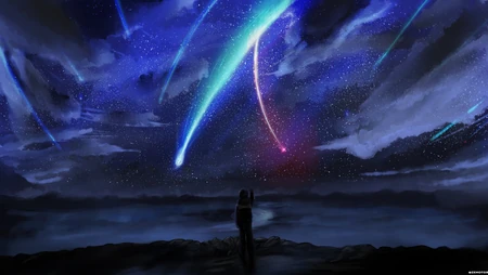 天空飞过的流星留下的七色轨迹唯美壁纸，出自动漫《你的名字》场景