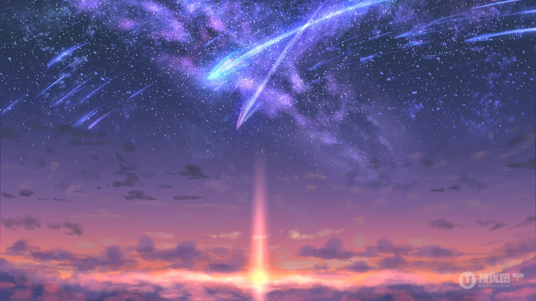 天空飞过的流星留下的七色轨迹唯美壁纸，出自动漫《你的名字》场景