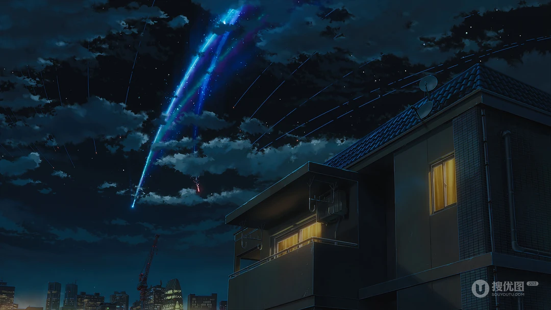 天空飞过的流星留下的七色轨迹唯美壁纸，出自动漫《你的名字》场景