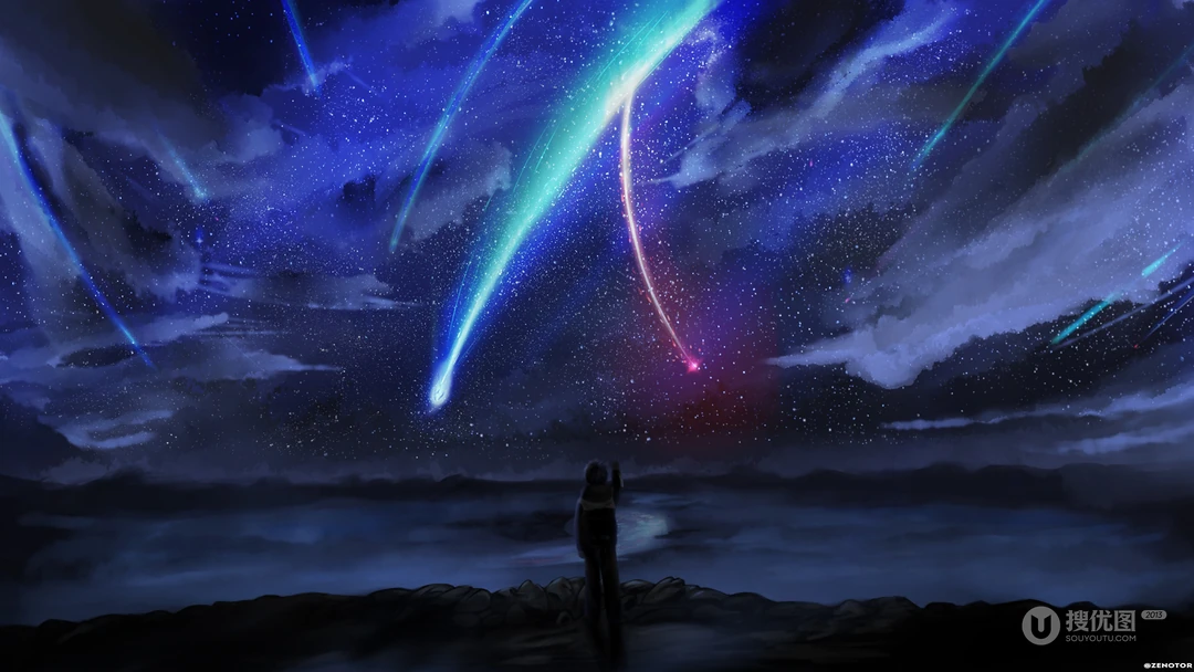 天空飞过的流星留下的七色轨迹唯美壁纸，出自动漫《你的名字》场景