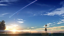 天空飞过的流星留下的七色轨迹唯美壁纸，出自动漫《你的名字》场景