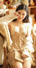 长发线条少女气质室内，着肩带小碎花睡裙，尽显吸睛身材