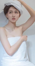 浴室女生出浴湿发气质写真，围着白色浴巾，别具风情韵味！
