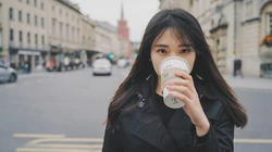 冬季街头，繁华都市的咖啡厅里喝着咖啡的欧美女生高清壁纸