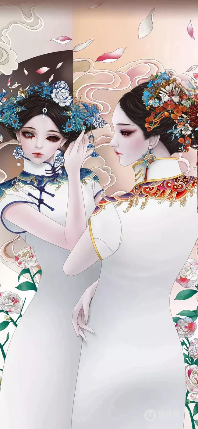 可爱的线条卡通角色叮当猫，古风人物，爱丽丝等手机壁纸