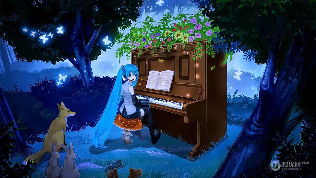 拉小提琴的初音，动漫虚拟人物初音未来的唯美壁纸图片