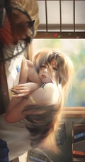 趴在书桌上写字的动漫女生