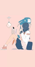 线条手绘简约的女学生，星巴克咖啡等卡通手机壁纸