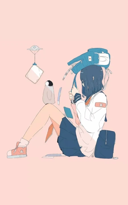 线条手绘简约的女学生，星巴克咖啡等卡通手机壁纸