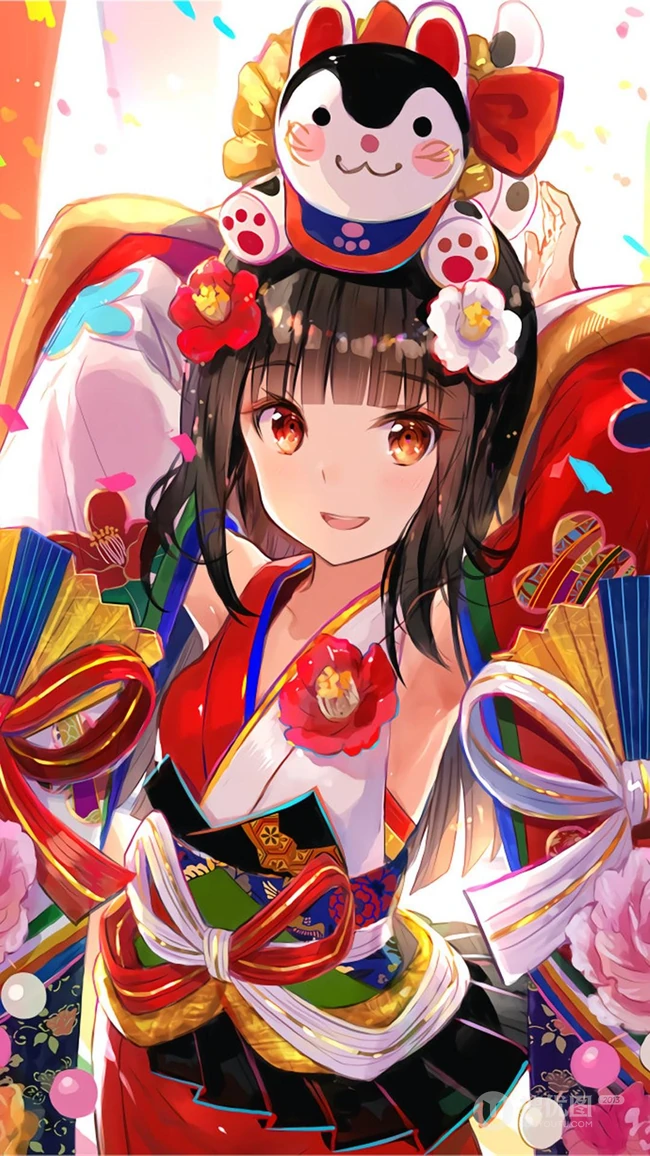 红红的中国风画风的动漫女孩手机壁纸看着就很吉利