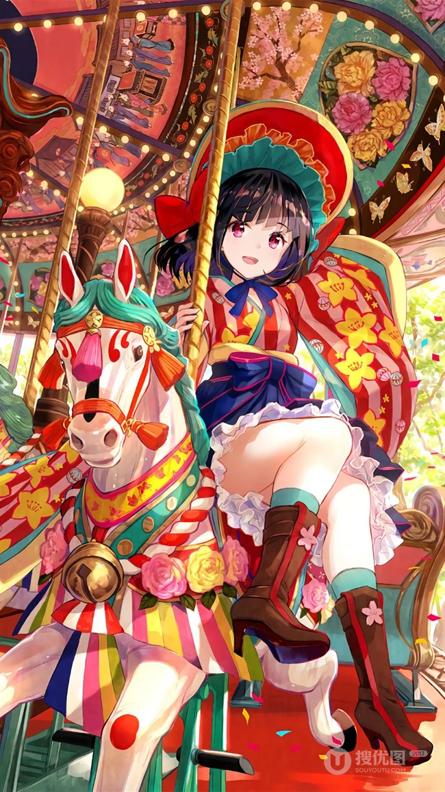 红红的中国风画风的动漫女孩手机壁纸看着就很吉利