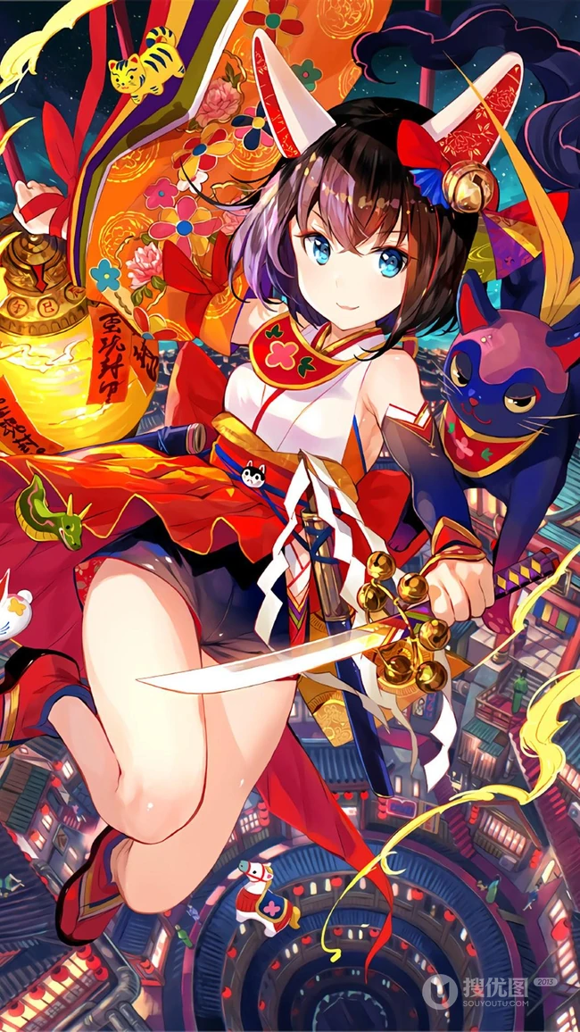 红红的中国风画风的动漫女孩手机壁纸看着就很吉利