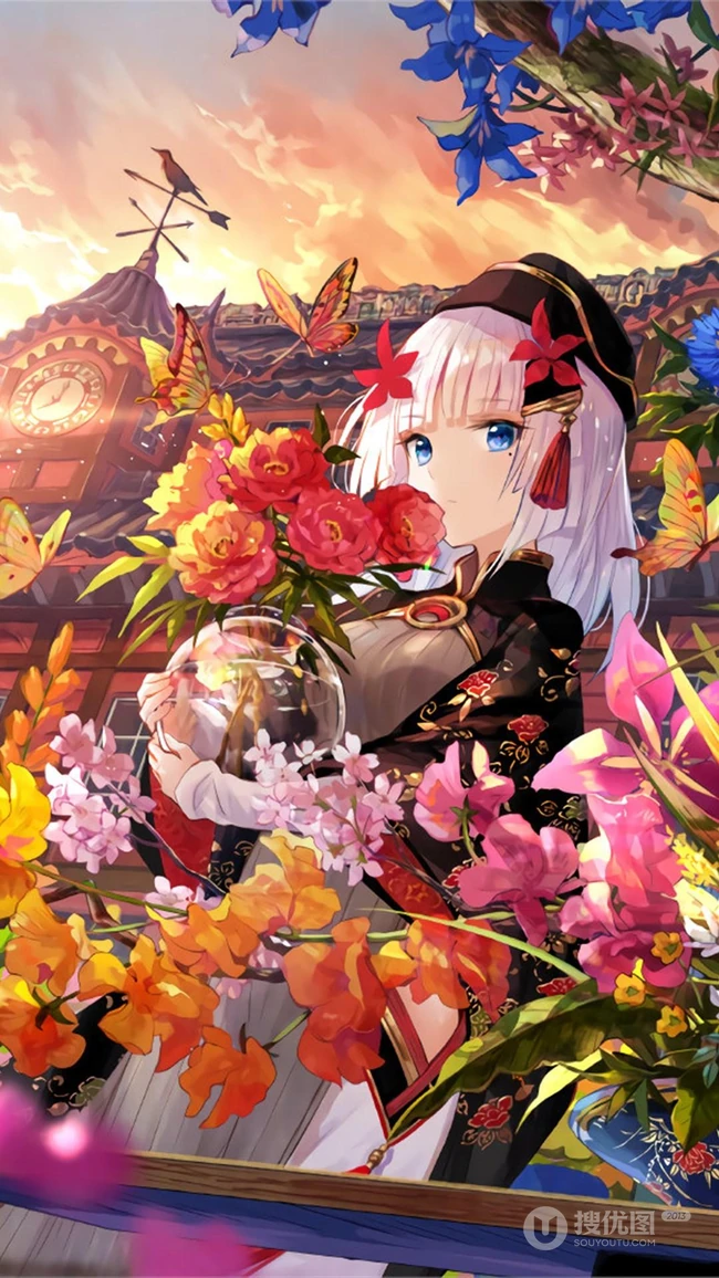 红红的中国风画风的动漫女孩手机壁纸看着就很吉利