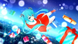 可爱的穿圣诞服的初音，飞在天空的初音未来壁纸图片