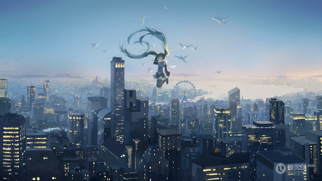 可爱的穿圣诞服的初音，飞在天空的初音未来壁纸图片