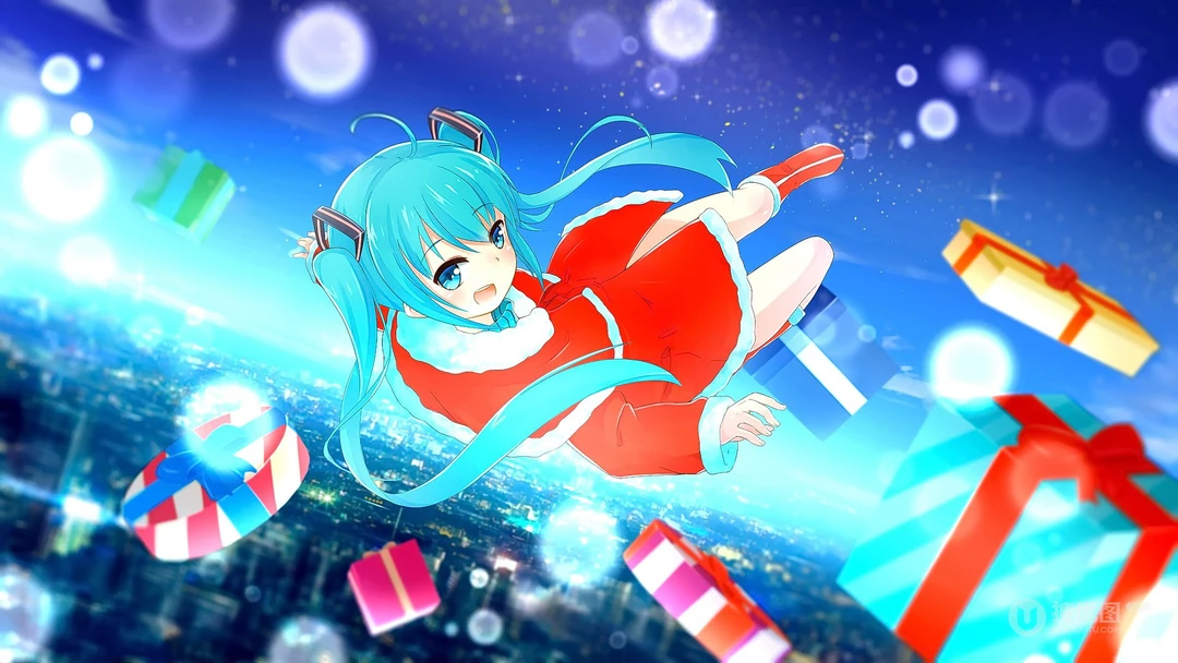 可爱的穿圣诞服的初音，飞在天空的初音未来壁纸图片