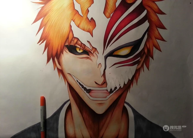 虚化后的黑崎一护插画图片，长角骷髅头造型太霸气了