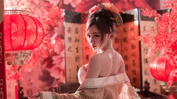 大红色调的古代卧房的汉服小姐姐2K壁纸