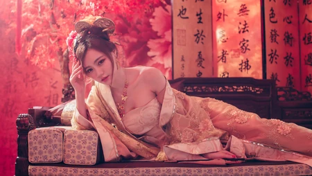 大红色调的古代卧房的汉服小姐姐2K壁纸