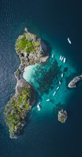航拍海上的小岛，灯塔的唯美海上风景手机壁纸