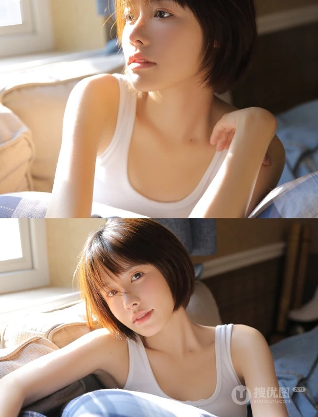 爱上你的笑容，齐刘海短发俏丽双眼皮少女室内写真图片