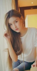气质长发女生模特季梦 紧身白T牛仔裤室内线条写真图片