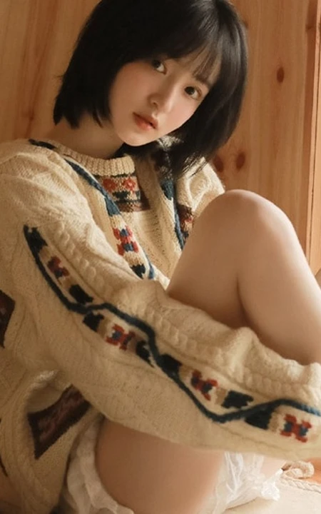清秀美丽短发少女毛衣搭短裤小木屋高清写真图片