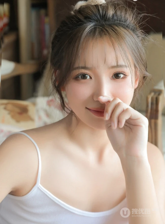 清新的小气质，丸子头少女背心短裤厨房忙碌写真图片