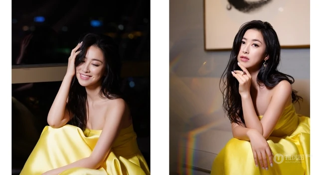 女明星朱珠黄色礼裙长裙礼服出席活动气质图片