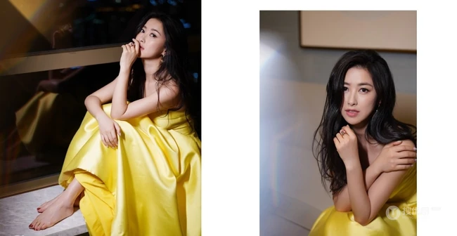 女明星朱珠黄色礼裙长裙礼服出席活动气质图片