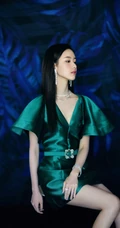 陈都灵优雅动人绿色V领连衣短裙线条感写真图片