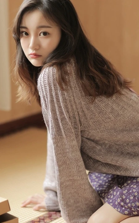 文静型清新女生，浅灰毛衣搭花裙高清室内图片