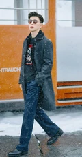 暴雪列车中酷帅身影，邓伦帅气复古大衣搭黑鞋写真图片