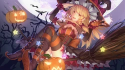 万圣节风格的魔法动漫女孩插画壁纸下载