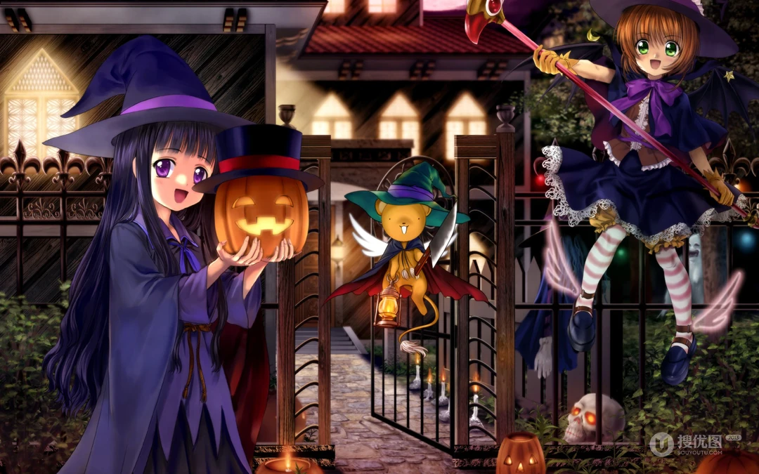 万圣节风格的魔法动漫女孩插画壁纸下载