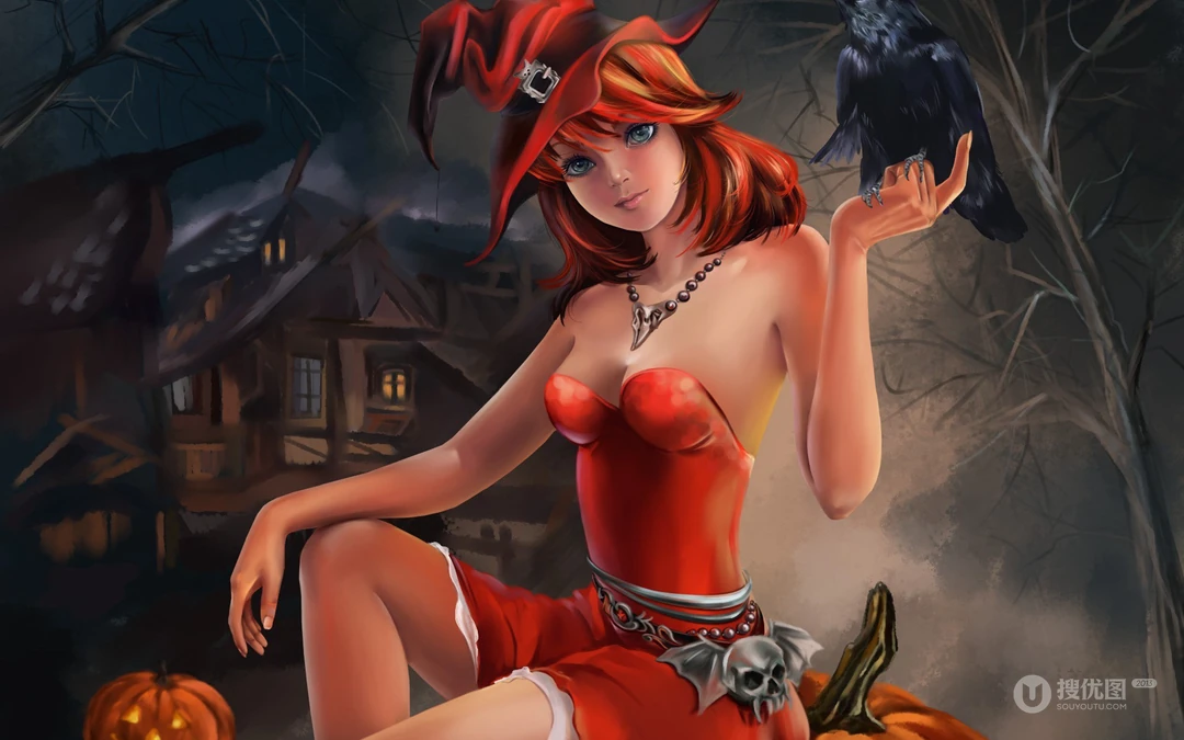 万圣节风格的魔法动漫女孩插画壁纸下载