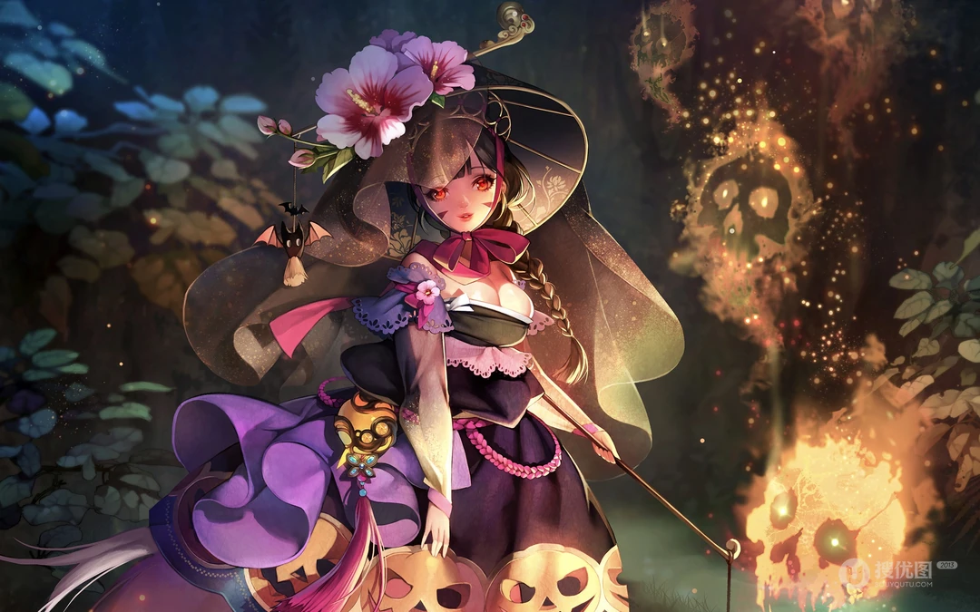 万圣节风格的魔法动漫女孩插画壁纸下载