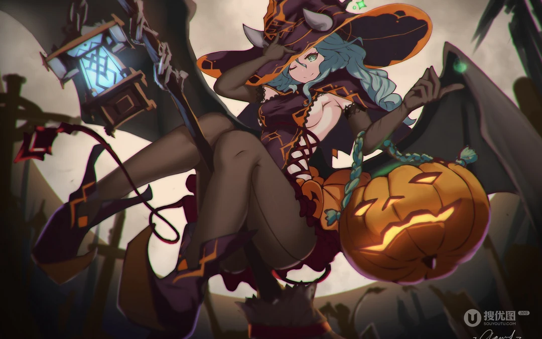 万圣节风格的魔法动漫女孩插画壁纸下载