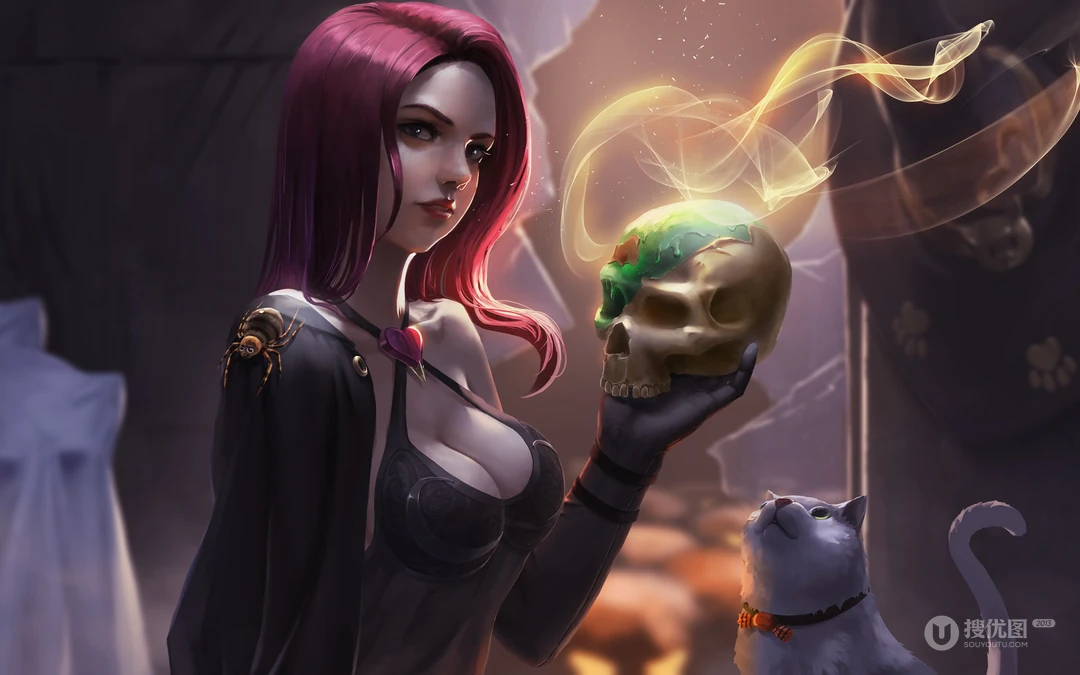 万圣节风格的魔法动漫女孩插画壁纸下载
