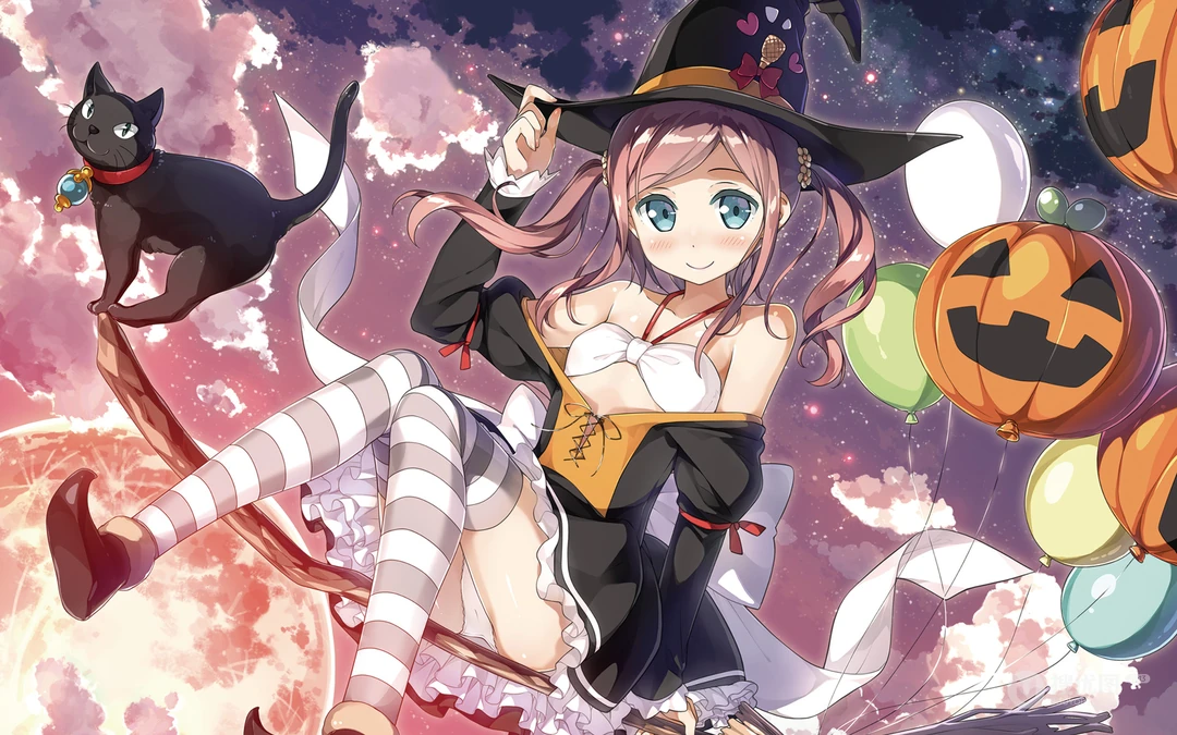 万圣节风格的魔法动漫女孩插画壁纸下载