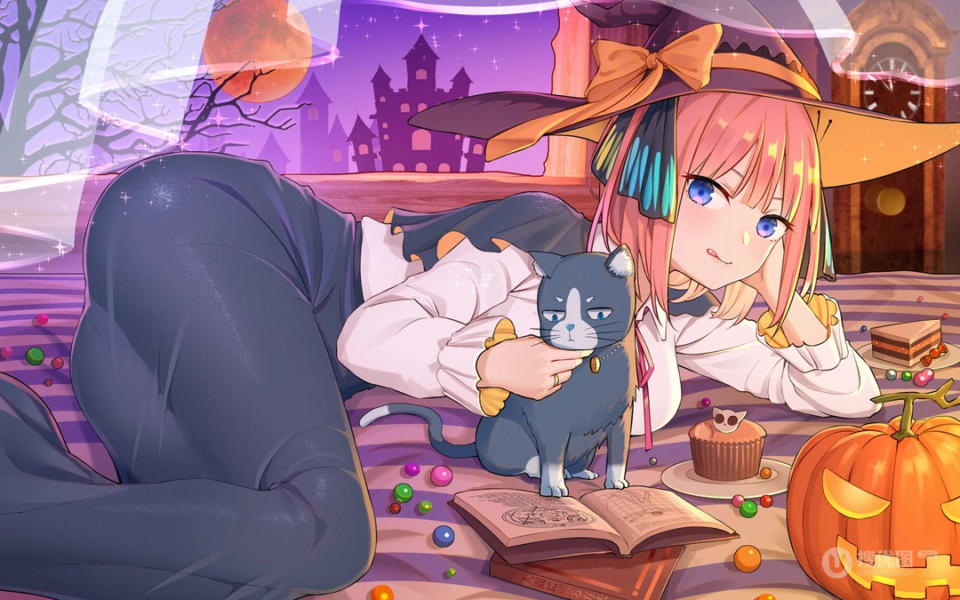万圣节风格的魔法动漫女孩插画壁纸下载