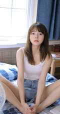 气质匀称女孩清新小气质室内写真，白背心和短裤很搭