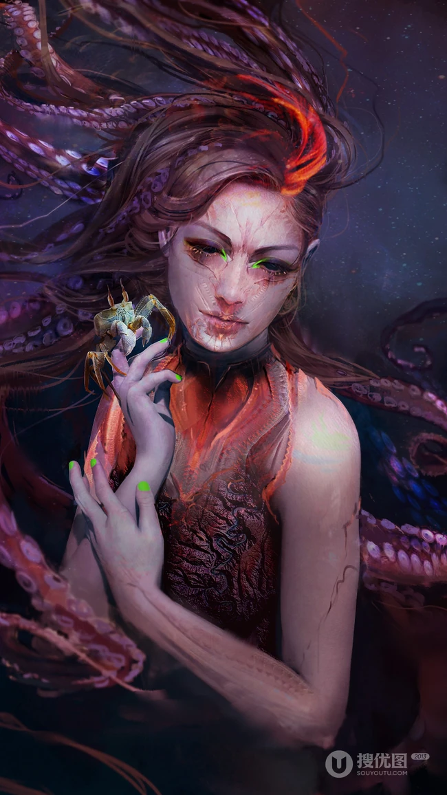 幻想派画风的动漫人物，怪兽等插画类手机壁纸六