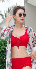 泳装气质女生朴多贤气质红色肩带泳装show