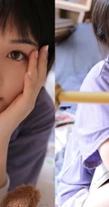 大眼短发清新少女可爱室内写真，清爽T恤搭短裤线条感白皙