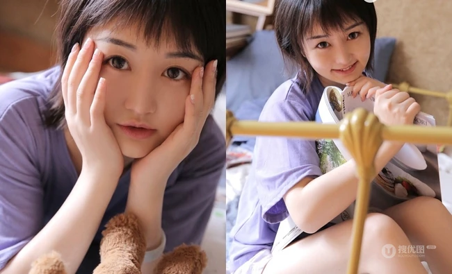 大眼短发清新少女可爱室内写真，清爽T恤搭短裤线条感白皙