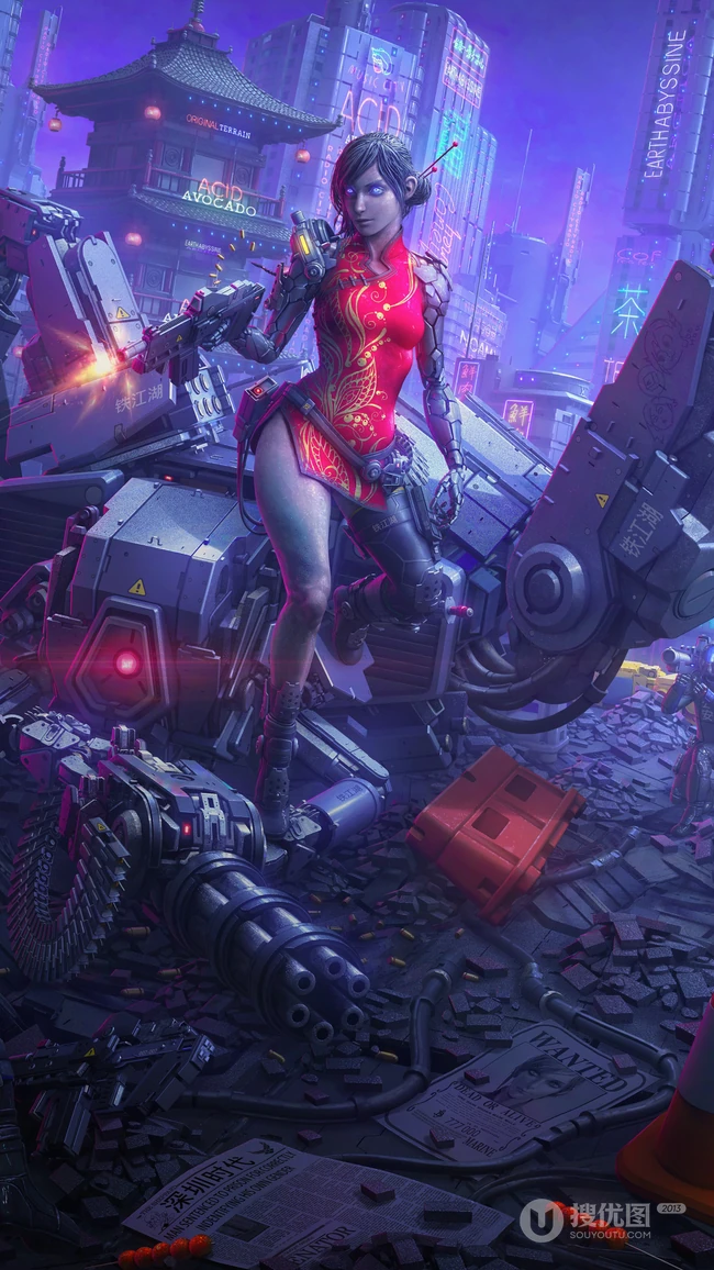 充满科技感的唯美动漫机甲美女，美女战士2K屏手机壁纸