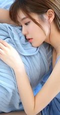 娇嫩俏美肩带蓝衣短裤女孩室内沙发前优美写真图片
